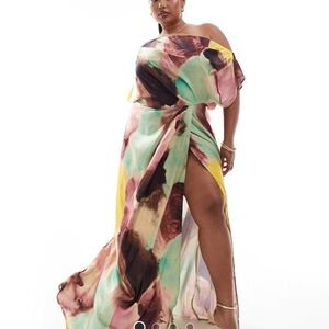 ASOS Curve One-Shoulder Watercolor Maxi Dress in Mint, Pink & Yellow